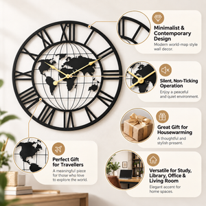 24-Inch Black World Map Wall Clock with Roman Numerals-Sona Casa