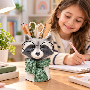 Cute raccoon pencil holder filled with stationery on a study desk