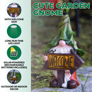 Green Leaf Hat Gnome Solar LED Light Statue, Funny Polyresin Garden Decor for Outdoor Spaces by Sona Casa