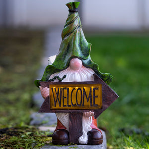 Green Leaf Hat Gnome Solar LED Light Statue, Funny Polyresin Garden Decor for Outdoor Spaces by Sona Casa