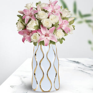 Elegant White Ceramic Flower Vase With Golden Trim - Perfect For Bouquets & Bohemian Decor, Ideal Centerpiece & Entryway Enhancer by Sona Casa