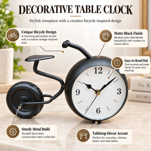 Black bicycle-shaped metal table clock with a white dial – bicycle design and metal-construction feature graphic
