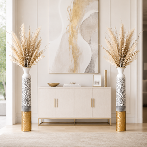 Set of 2 White Silver Metal Tall Floor Vases for Modern Home Decor 13.5x13.5x95.5 cm