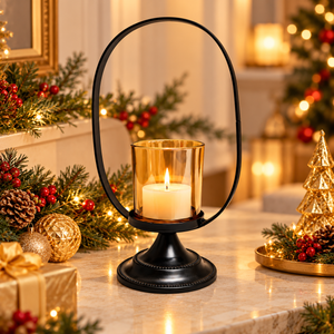 Black Metal Tealight Candle Holder with Glass Cup, Oval Frame & Pedestal Base, 26 cm