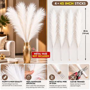 White Artificial Pampas Grass, Set of 4, 45-Inch Bendable Stems