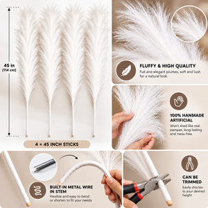 Four 45-inch artificial pampas grass sticks with bendable metal-wire stems that can be shortened