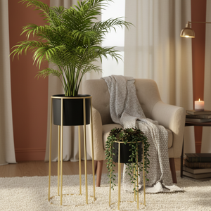 Contemporary Indoor Black Metal Pots Set with Golden Stand for Fresh or Faux Plants Living Room Office Decor, Gifts-Sona Casa