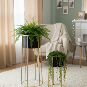 Contemporary Indoor Black Metal Pots Set with Golden Stand for Fresh or Faux Plants Living Room Office Decor, Gifts-Sona Casa