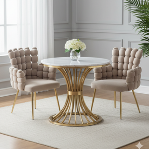Round Stone Cocktail Table with 2 Upholstered Gray Accent Chairs, Gold Frame Space Saver Compact & Elegant Dining Set-Sona Casa