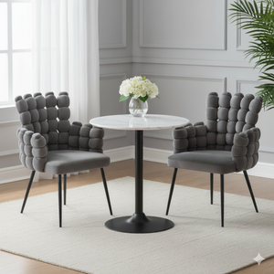 Round Stone Cocktail Table with 2 Upholstered Gray Accent Chairs, 80cm Diameter, Black Frame Space Saver Compact & Elegant Dining Set Home Decor-Sona Casa
