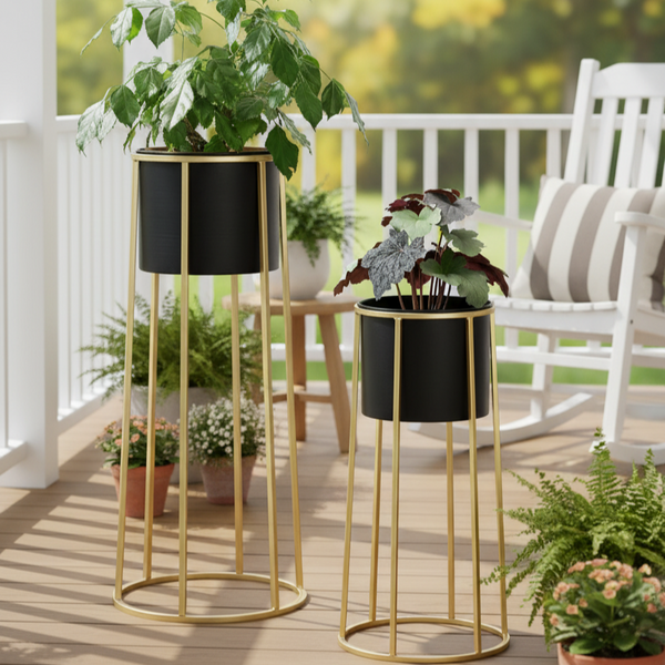 Modern Black Metal Pots Set Indoor Planters with Golden Stand for Fresh or Artificial Plants Living Room Office Decoration, Gifts-Sona Casa