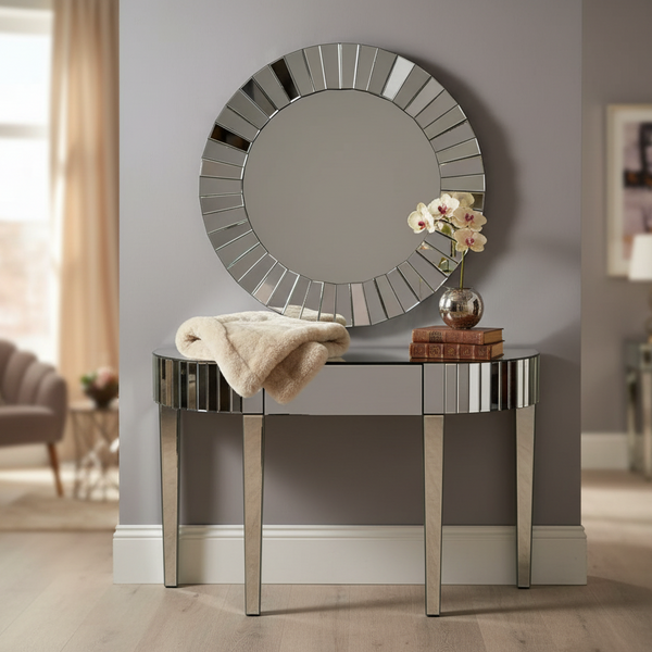 Large Mirror Glass Console Table Silver Accent, Elegant Modern Entryway, Living Room & Office Decor-Sona Casa