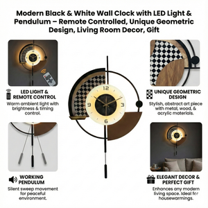 Modern Black and White Wall Clock with LED Light, Remote Controlled, Unique Geometric Design, Pendulum, Living Room Decor, Gift-Sona Casa
