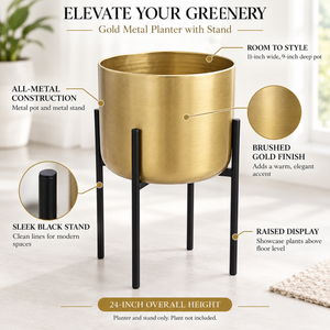 Gold Metal Planter with Black Stand, 24 in High-Sona Casa
