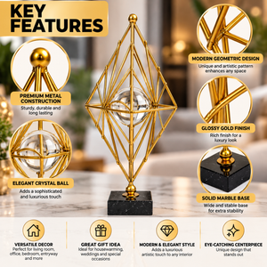 Close-up views of the gold metal frame, clear orb and black base
