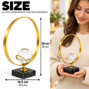 Crystal ball table sculpture size guide showing 20 cm height and 16.5 cm width
