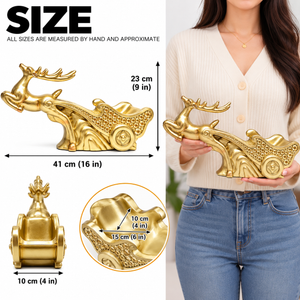Golden deer wine holder size guide showing approximate overall dimensions of 41 by 10 by 23 cm