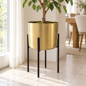Modern Gold Planters with Black Stand Set, Pot for Real or Faux Plants and Trees