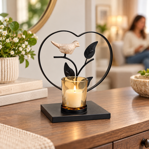 Black Metal Heart-Shaped Bird Tealight Candle Holder with Glass Cup – Tabletop Decor