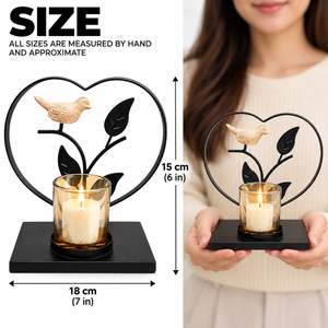 Black Metal Heart-Shaped Bird Tealight Candle Holder with Glass Cup – Tabletop Decor