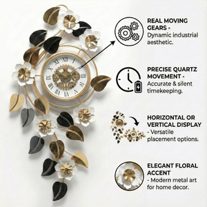 Large 48 Inch Floral Wall Clock in Gold White Silver Finish, Modern Quartz Movement, Decorative Horizontal & Vertical Home Accent-Sona Casa