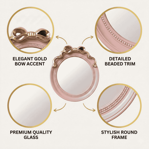 Round Pink 18-Inch Mirror with Gold Bow Decorative Wall Mirror, Gifts for Her, Accent Decor by Sona Casa