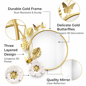Round Gold Metal Floral Wall Mirror, Mountable Decorative Mirrors for Bedroom, Entryway, Living Room, Bathroom, Vanity by Sona Casa