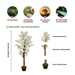 55" White Sichuan Cherry Blossom Artificial Tree with Cement Base, Realistic Indoor Outdoor Faux Plant Decor by Sona Casa