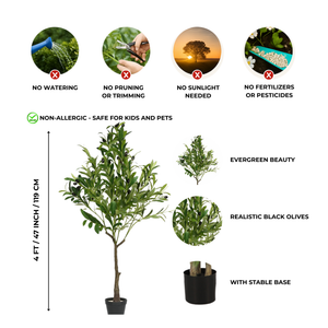 Large Nearly Natural Artificial Olive Tree with Black Olives, 47" Fake Plant for Patio, Front Porch, Living Room, Indoor Outdoor Ornament, Home Decor-Sona Casa