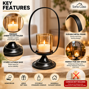 Black Metal Tealight Candle Holder with Glass Cup, Oval Frame & Pedestal Base, 26 cm