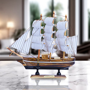Brown Wooden Sailboat Model With Realistic Cloth Sails - Nautical Marine-Inspired Home Decor by Sona Casa