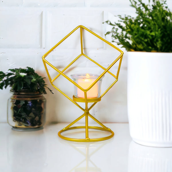 Metal Candle Holder, Glass Container, 8" Tabletop Decor