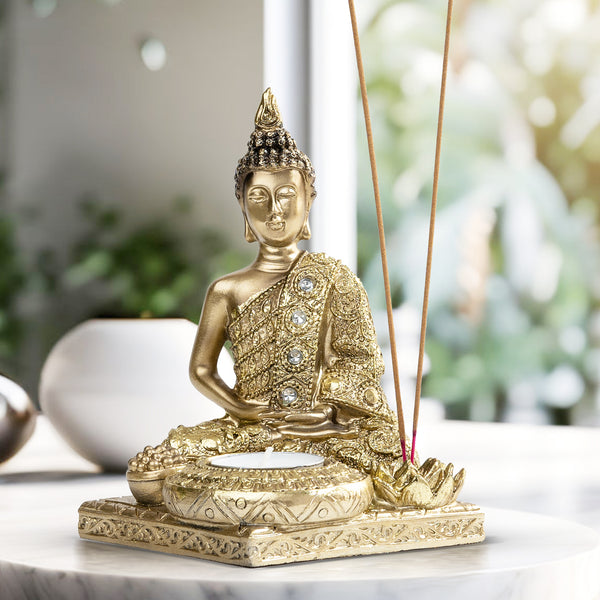 Golden Buddha Statue & Incense Holder, 6" Tabletop Decor