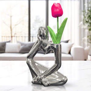 Unique Silver Ceramic Bud Vase, 7" Abstract Thinker Statue, Table, Shelf, Desk Decoration, 1 Tulip Flower Included by Sona Casa