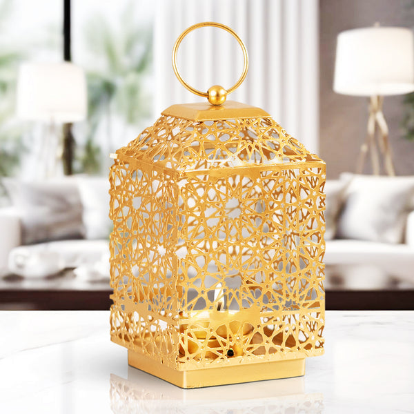 Golden Tealight Lantern, 7" Metal Glass Candle Holder Tabletop Centerpiece