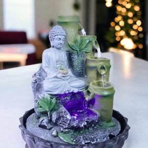 Indoor Waterfall with Buddha Statue, Pump, Lights 11" Decor by Sona Casa