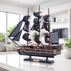 Black Wooden Pirate Ship Model With Realistic Cloth Sails - Nautical Coastal Decor For Home by Sona Casa