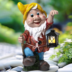 Outdoor Gnome Statue, Metal Lantern, Large 16" Yard Art by Sona Casa