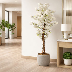 55" White Sichuan Cherry Blossom Artificial Tree with Cement Base, Realistic Indoor Outdoor Faux Plant Decor by Sona Casa