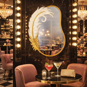 Decorative Metal Wall Mirror, Gold with White Feather, Glitter, 89 cm Asymmetrical Mirror Home Office Girl's Room Decor Gift by Sona Casa