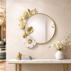 Round Gold Metal Floral Wall Mirror, Mountable Decorative Mirrors for Bedroom, Entryway, Living Room, Bathroom, Vanity by Sona Casa
