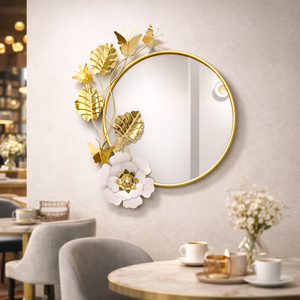 Round Gold Metal Floral Wall Mirror, Mountable Decorative Mirrors for Bedroom, Entryway, Living Room, Bathroom, Vanity by Sona Casa