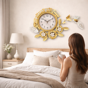Large Metal Islamic Floral Gold Wall Clock With Butterfly by Sona Casa