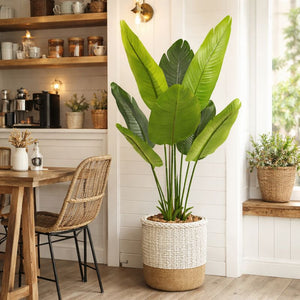 Large Artificial Bird of Paradise, 45" Fake Plant with Cement Base, Indoor Outdoor Living Room, Porch, Patio, Home Decor Gifts-Sona Casa