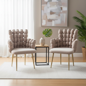 Set of 2 Modern Beige Upholstered Accent Chairs with Elegant Gold Metal Frames, Stylish & Comfortable Seating, Home Office Decor-Sona Casa