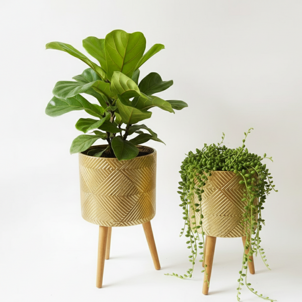 Rustic Gold Foil Metal Plant Pots Set with Stand for Fresh or Artificial Plants, Indoor Home Office Decor, Gifts-Sona Casa