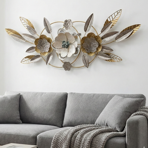 Large Gold Metal Wall Decor with Floral and Leaf Motif, 18 x 50 inch Elegant 3D Botanical Sculpture Home Office Decor-Sona Casa