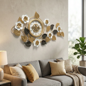 Large Elegant Wall Clock with Quartz Movement, Gold White Silver Floral Design Horizontal or Vertical Modern Decorative Home Accent Clock-Sona Casa