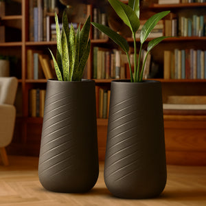 Set of 2 Tall Black Self Watering Indoor Decorative Plant Pots, 33" Modern Cement Finish Planters for Home & Office Decor-Sona Casa