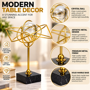 Gold Metal Orbit Sculpture with Crystal Ball – 10-Inch Décor
